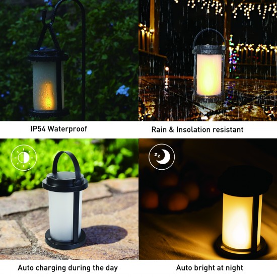 AURAXY LED Rechargeable Decorative Solar Outdoor Flame Flickering Lantern IP54 Waterproof Hanging Outside Battery Powered Decorations Lanterns Use for Porch Backyard Garden Table Patio Deck,etc